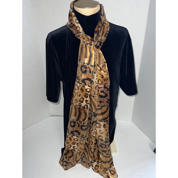 Leopard Scarf Womens One Size OS Satin Chiffon Animal Print Metallic Subtle Gold - Picture 2 of 4